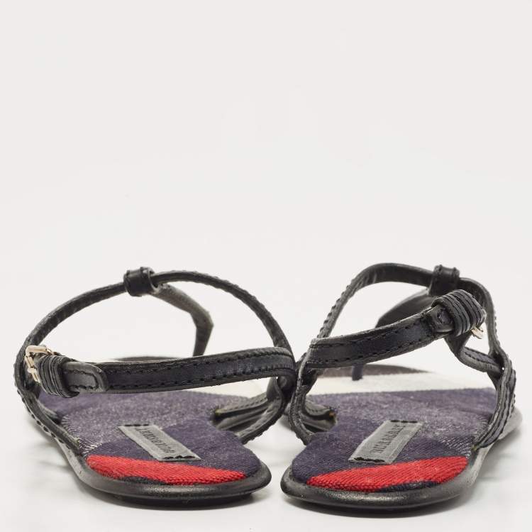 Pre Owned Burberry Blue/Black Leather and Check Canvas Thong Ankle Strap Flat Sandals Size 41