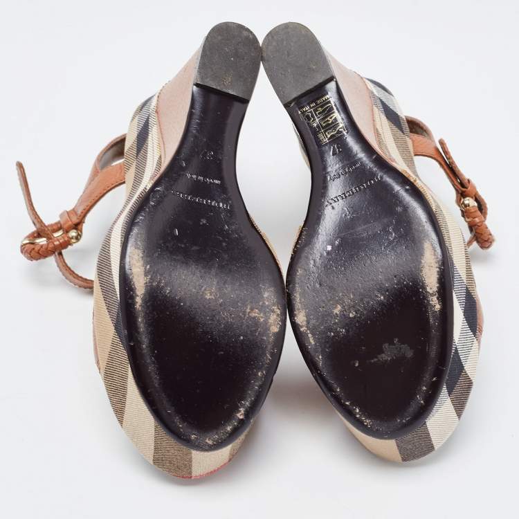 Pre Owned Burberry Brown Leather Check Heel Wedge Sandals Size 37