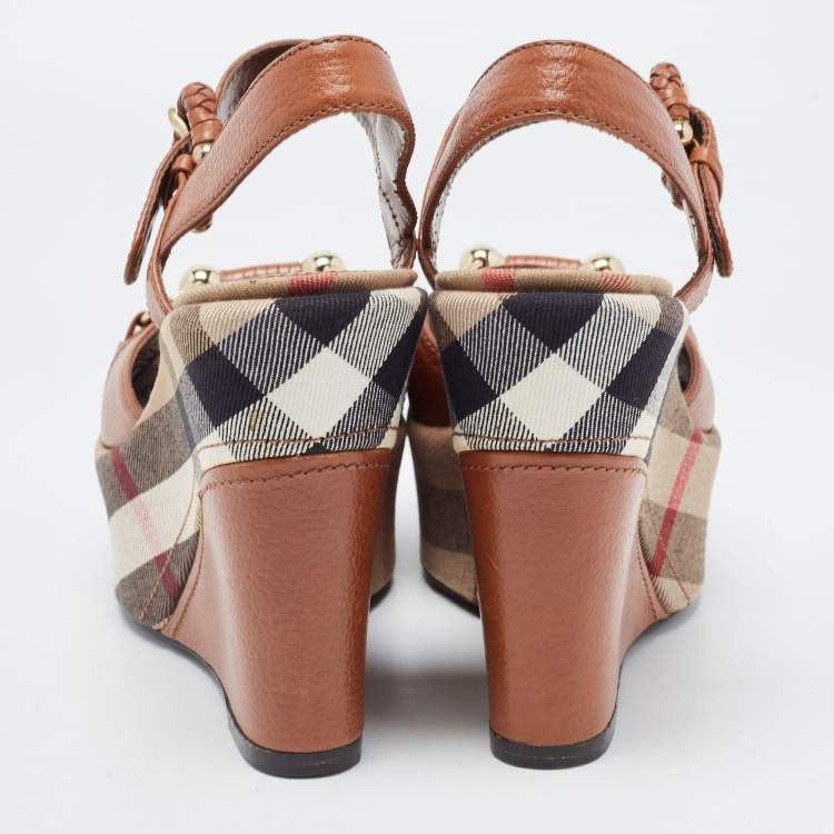 Pre Owned Burberry Brown Leather Check Heel Wedge Sandals Size 37
