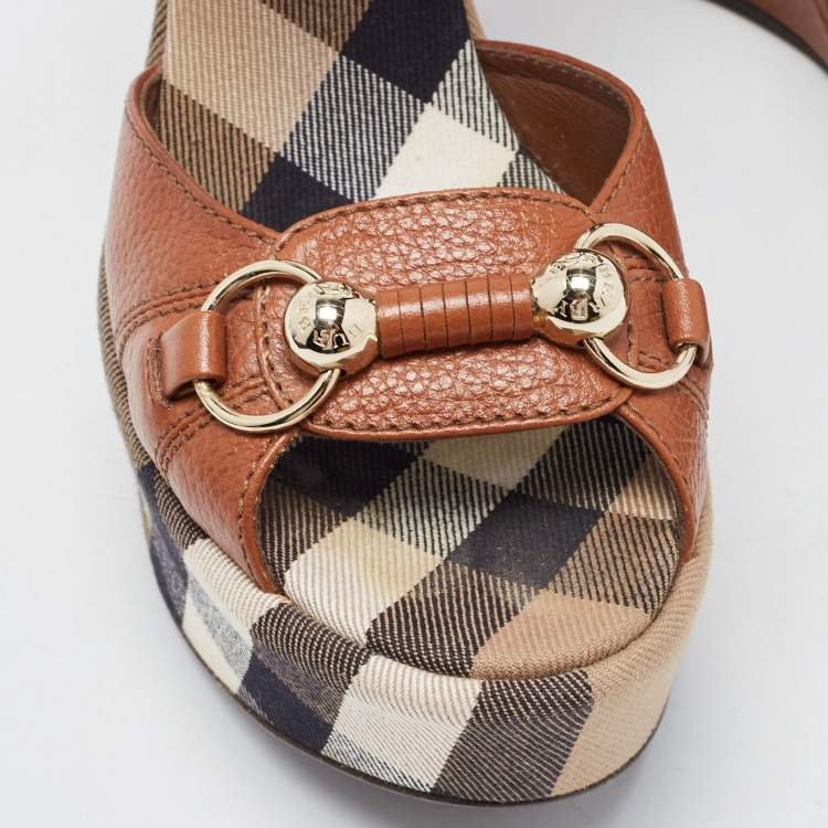 Pre Owned Burberry Brown Leather Check Heel Wedge Sandals Size 37