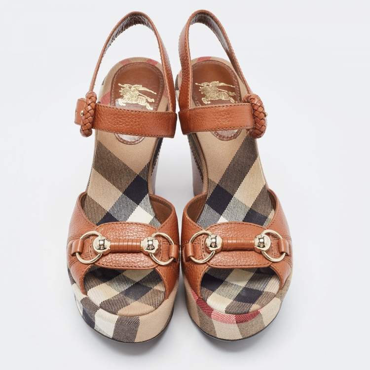 Pre Owned Burberry Brown Leather Check Heel Wedge Sandals Size 37