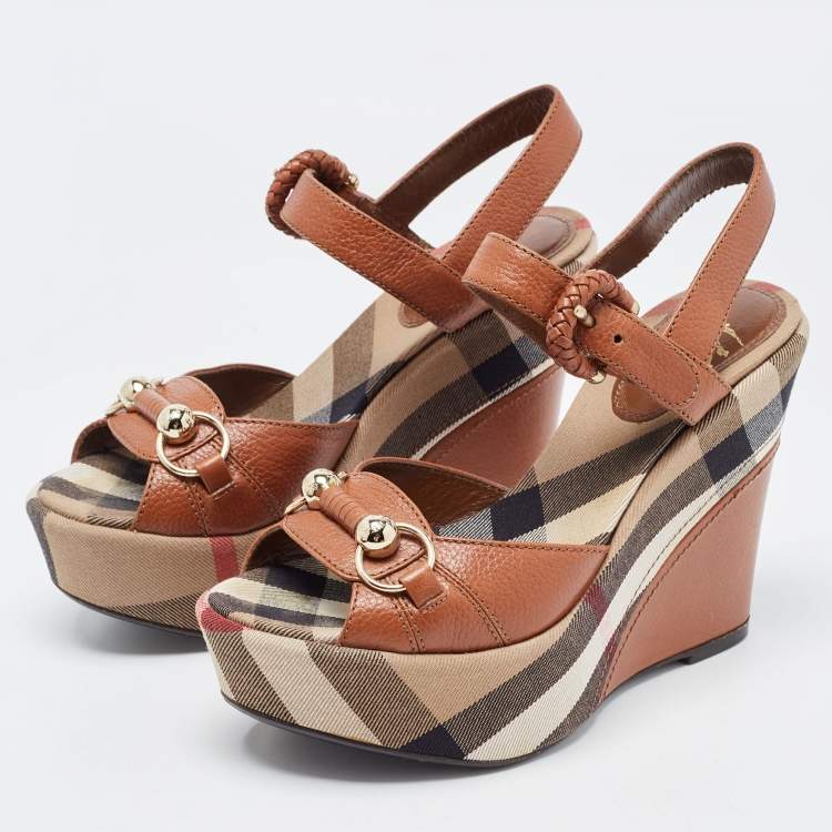 Pre Owned Burberry Brown Leather Check Heel Wedge Sandals Size 37