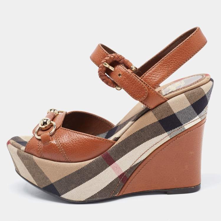 Pre Owned Burberry Brown Leather Check Heel Wedge Sandals Size 37