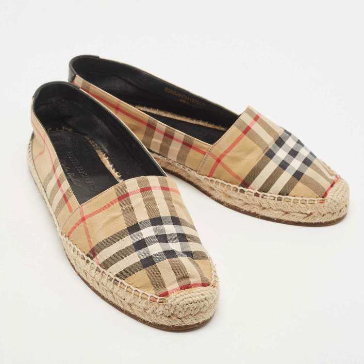 Pre Owned Burberry Vintage Check Canvas and Leather Espadrille Flats Size 38.5