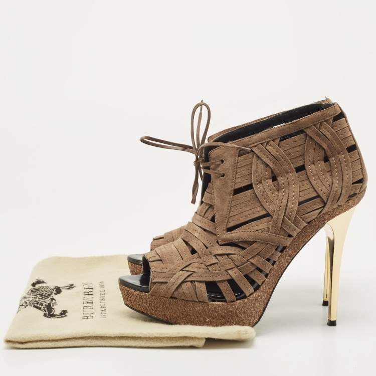 Pre Owned Burberry Brown Suede Cork Platform Peep Toe Ankle Booties Size 38.5
