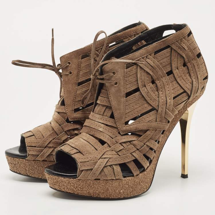 Pre Owned Burberry Brown Suede Cork Platform Peep Toe Ankle Booties Size 38.5
