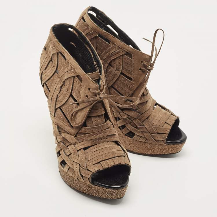 Pre Owned Burberry Brown Suede Cork Platform Peep Toe Ankle Booties Size 38.5