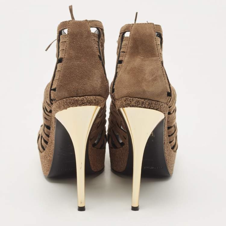 Pre Owned Burberry Brown Suede Cork Platform Peep Toe Ankle Booties Size 38.5