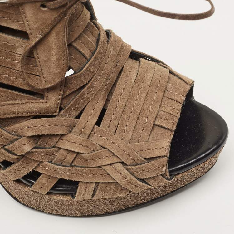 Pre Owned Burberry Brown Suede Cork Platform Peep Toe Ankle Booties Size 38.5