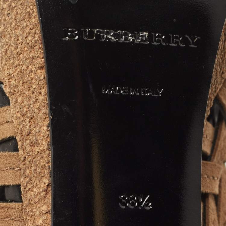 Pre Owned Burberry Brown Suede Cork Platform Peep Toe Ankle Booties Size 38.5