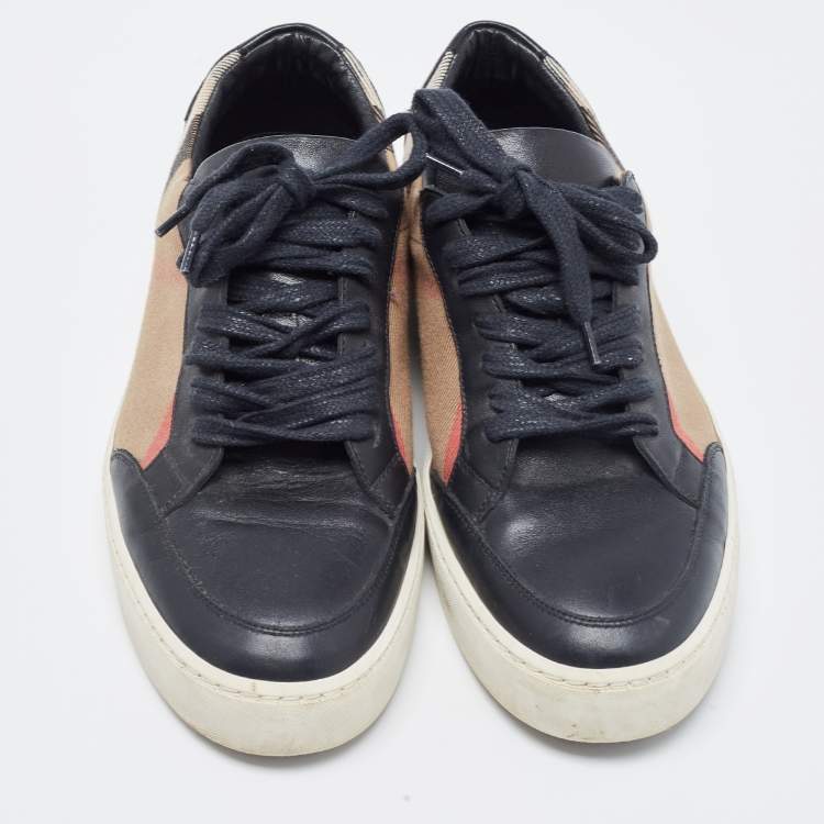Pre Owned Burberry Black/Beige Canvas and Leather Low Top Sneakers Size 39.5