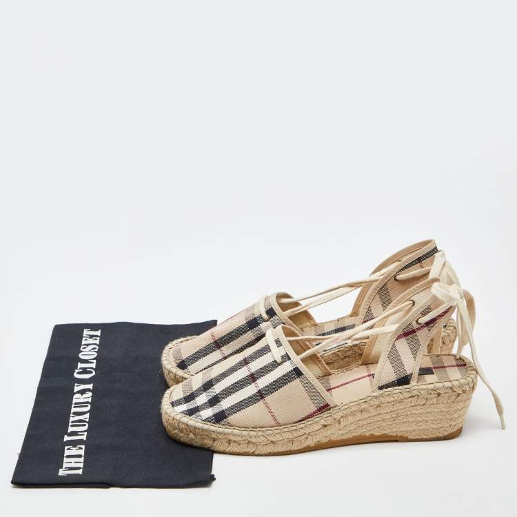 Pre Owned Burberry Beige Nova Check Canvas Strappy Espadrille Wedge Sandals Size 40