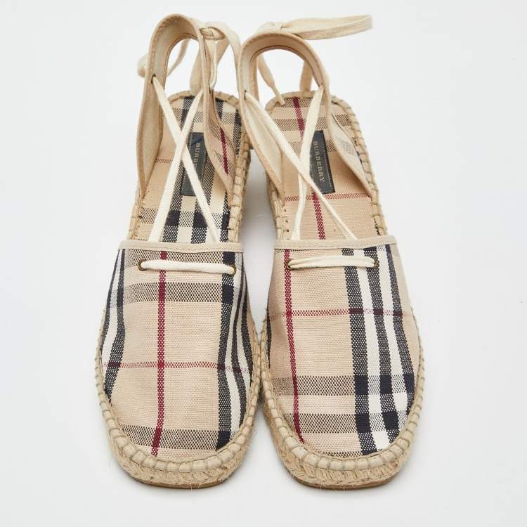 Pre Owned Burberry Beige Nova Check Canvas Strappy Espadrille Wedge Sandals Size 40