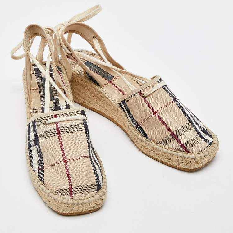 Pre Owned Burberry Beige Nova Check Canvas Strappy Espadrille Wedge Sandals Size 40