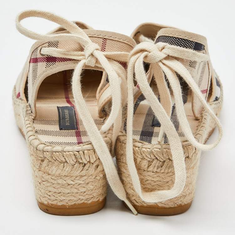 Pre Owned Burberry Beige Nova Check Canvas Strappy Espadrille Wedge Sandals Size 40