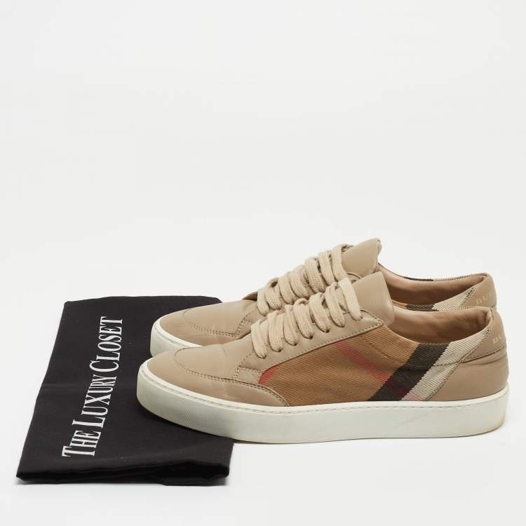 Pre Owned Burberry Beige/Brown House Check Canvas and Leather Low-Top Sneakers Size 37