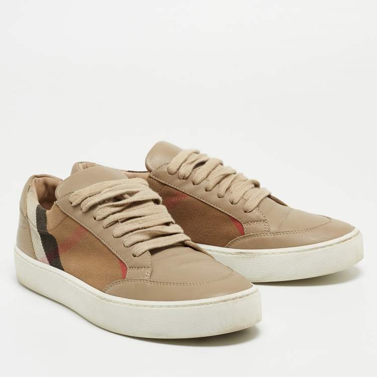 Pre Owned Burberry Beige/Brown House Check Canvas and Leather Low-Top Sneakers Size 37