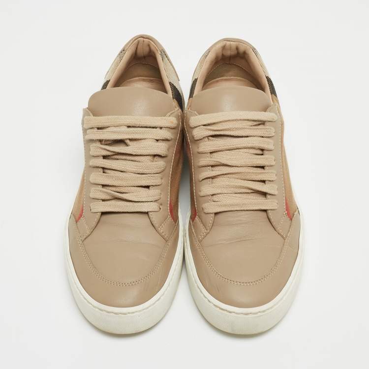 Pre Owned Burberry Beige/Brown House Check Canvas and Leather Low-Top Sneakers Size 37