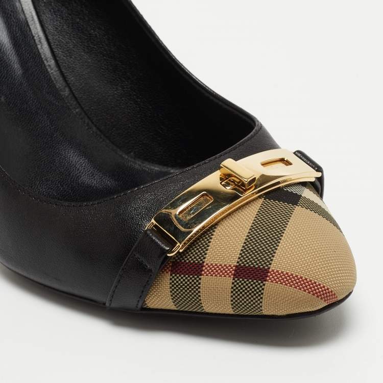 Pre Owned Burberry Black/Beige Canvas and Leather Cap Top Pumps Size 38