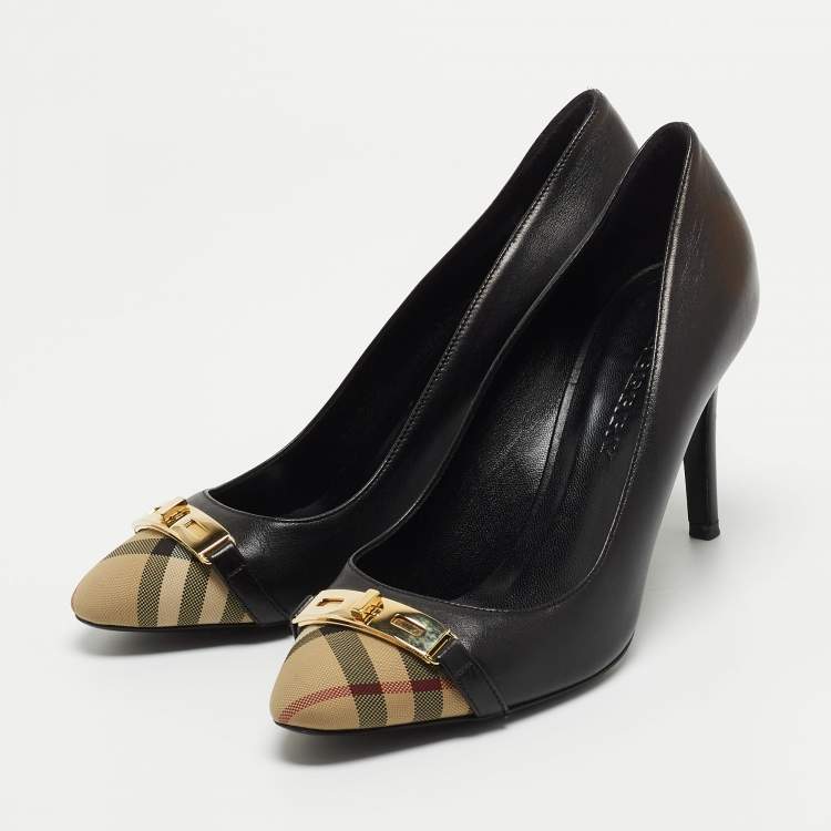 Pre Owned Burberry Black/Beige Canvas and Leather Cap Top Pumps Size 38