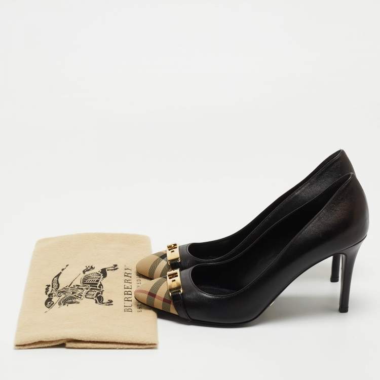 Pre Owned Burberry Black/Beige Canvas and Leather Cap Top Pumps Size 38