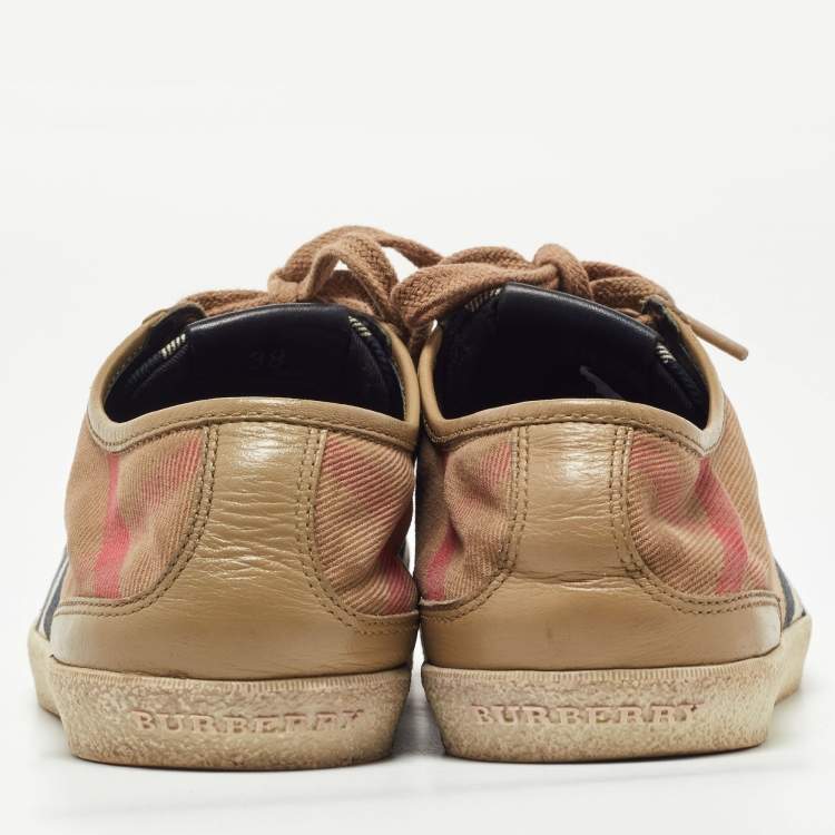 Pre Owned Burberry Brown Leather and Nova Check Canvas Low Top Sneakers Size 38
