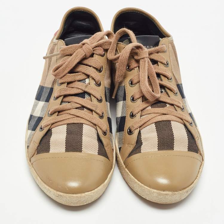 Pre Owned Burberry Brown Leather and Nova Check Canvas Low Top Sneakers Size 38