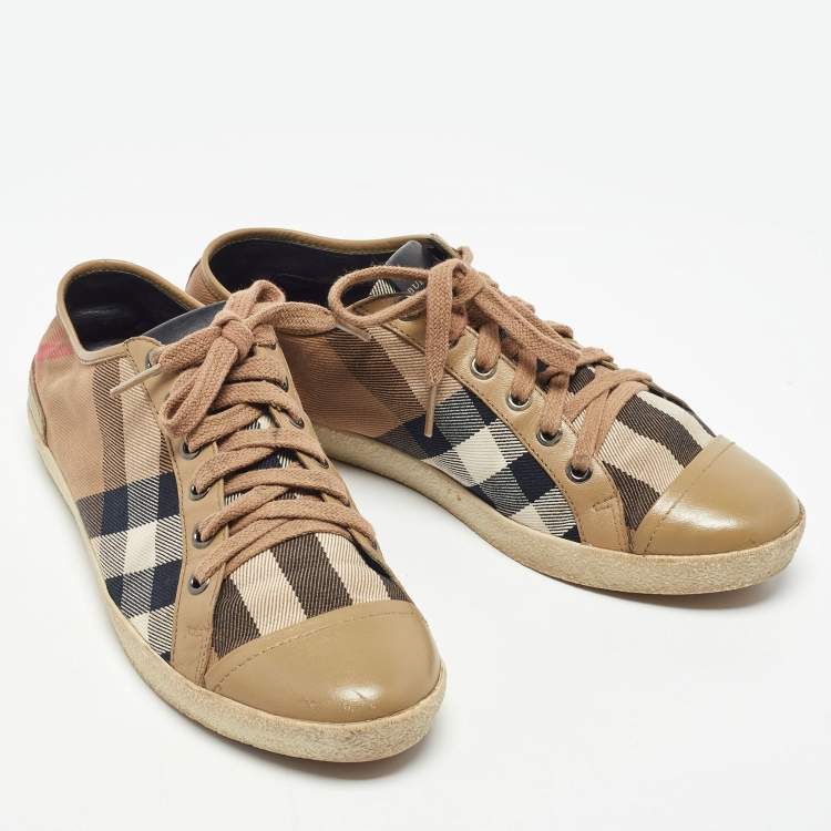 Pre Owned Burberry Brown Leather and Nova Check Canvas Low Top Sneakers Size 38