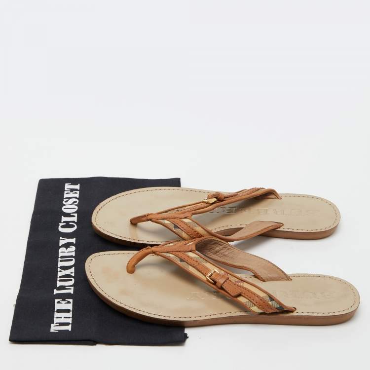 Pre Owned Burberry Brown/Beige Leather and Check Canvas Thong Flats Size 39