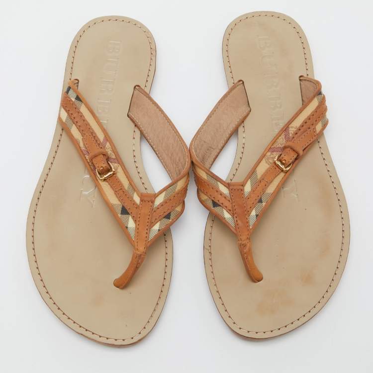 Pre Owned Burberry Brown/Beige Leather and Check Canvas Thong Flats Size 39