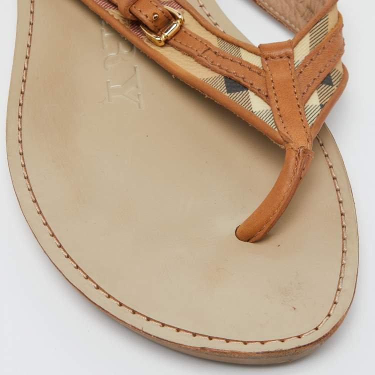 Pre Owned Burberry Brown/Beige Leather and Check Canvas Thong Flats Size 39