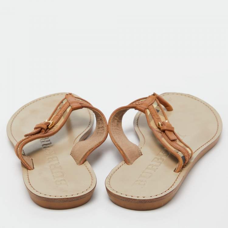 Pre Owned Burberry Brown/Beige Leather and Check Canvas Thong Flats Size 39