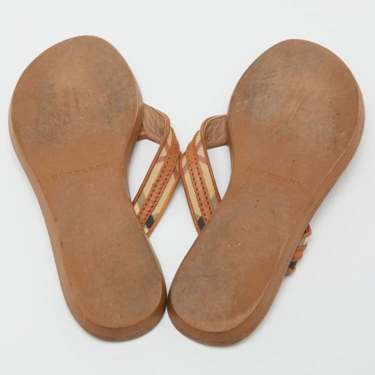 Pre Owned Burberry Brown/Beige Leather and Check Canvas Thong Flats Size 39