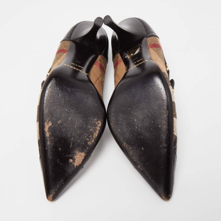 Pre Owned Burberry Black Leather and Nova Check Canvas Pointed Toe Pumps Size 39