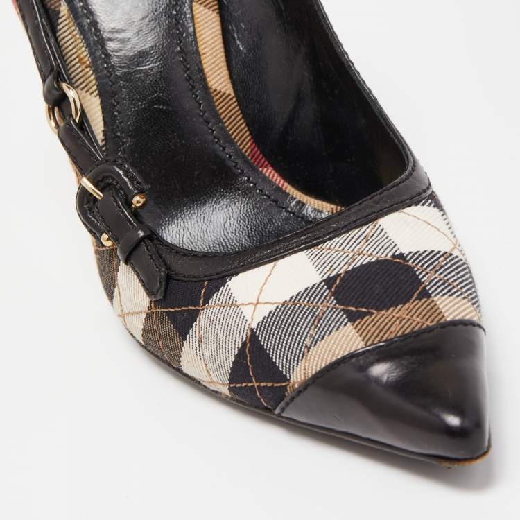 Pre Owned Burberry Black Leather and Nova Check Canvas Pointed Toe Pumps Size 39