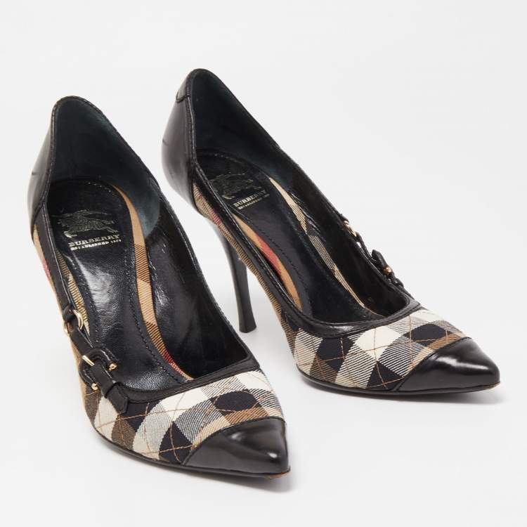 Pre Owned Burberry Black Leather and Nova Check Canvas Pointed Toe Pumps Size 39