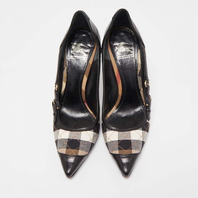Pre Owned Burberry Black Leather and Nova Check Canvas Pointed Toe Pumps Size 39