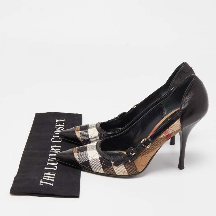 Pre Owned Burberry Black Leather and Nova Check Canvas Pointed Toe Pumps Size 39