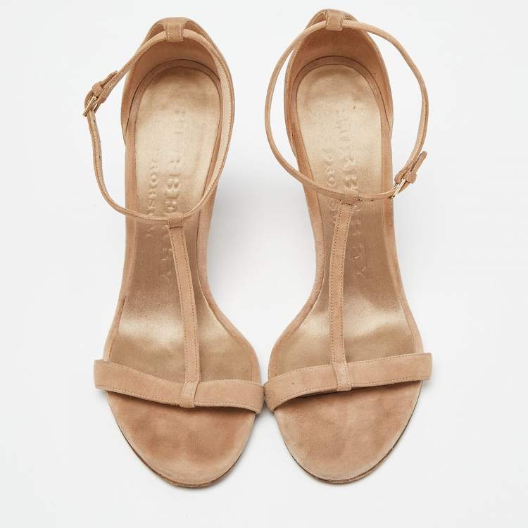 مملوكة مسبقًا Burberry Prorsum Beige Suede Leyburn Lucite Wedge Sandals Size 38
