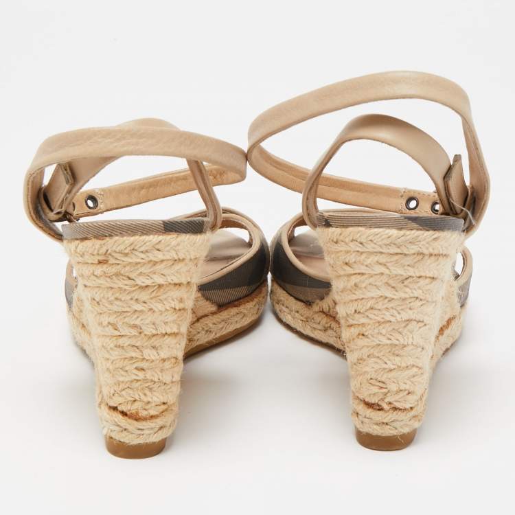 Pre Owned Burberry Beige/Black Nova Check Canvas and Leather Espadrille Wedge Ankle Strap Sandals Size 38