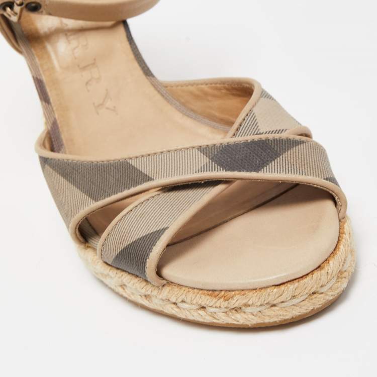 Pre Owned Burberry Beige/Black Nova Check Canvas and Leather Espadrille Wedge Ankle Strap Sandals Size 38