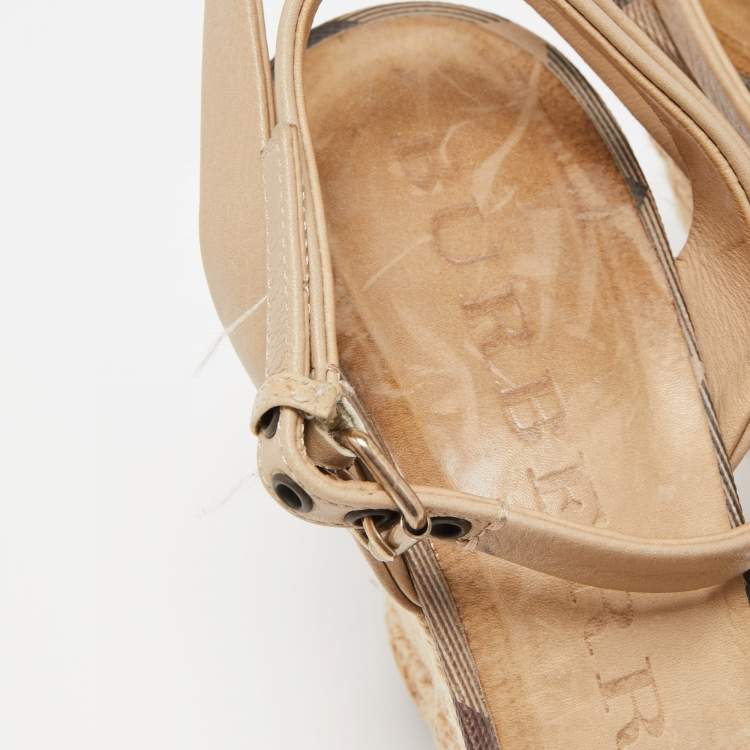 Pre Owned Burberry Beige/Black Nova Check Canvas and Leather Espadrille Wedge Ankle Strap Sandals Size 38