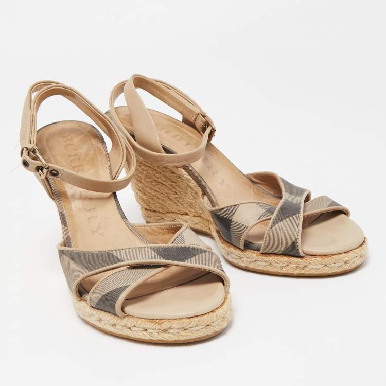 Pre Owned Burberry Beige/Black Nova Check Canvas and Leather Espadrille Wedge Ankle Strap Sandals Size 38