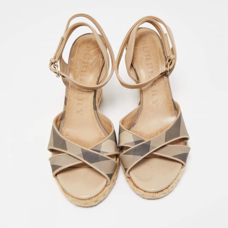 Pre Owned Burberry Beige/Black Nova Check Canvas and Leather Espadrille Wedge Ankle Strap Sandals Size 38