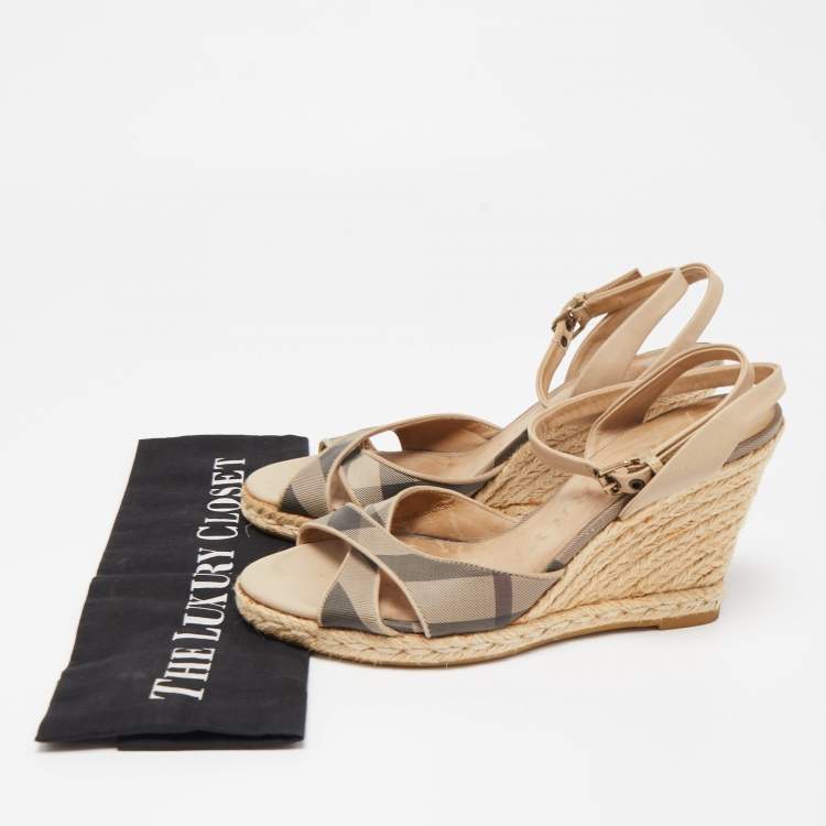Pre Owned Burberry Beige/Black Nova Check Canvas and Leather Espadrille Wedge Ankle Strap Sandals Size 38