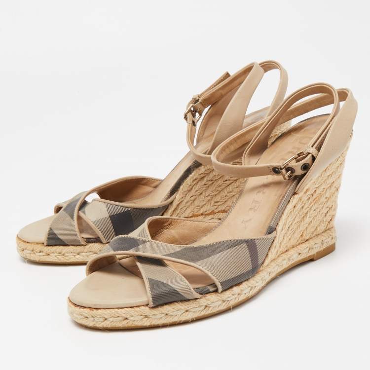 Pre Owned Burberry Beige/Black Nova Check Canvas and Leather Espadrille Wedge Ankle Strap Sandals Size 38