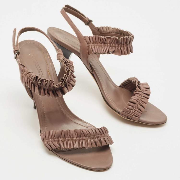 Pre Owned Burberry Brown Leather Ruffle Ankle Strap Sandals Size 39