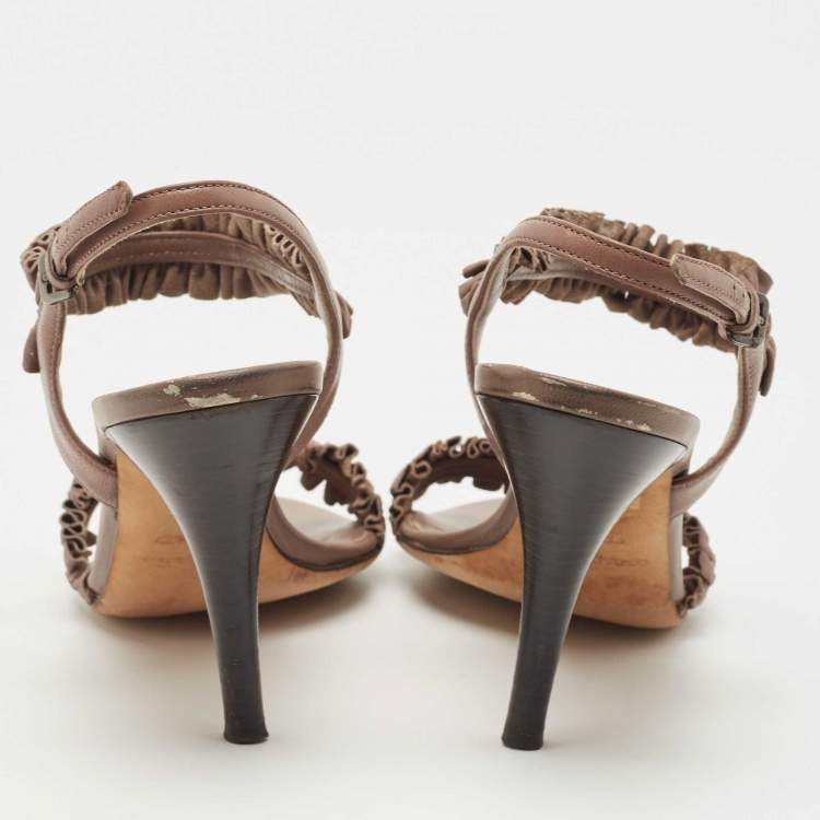 Pre Owned Burberry Brown Leather Ruffle Ankle Strap Sandals Size 39