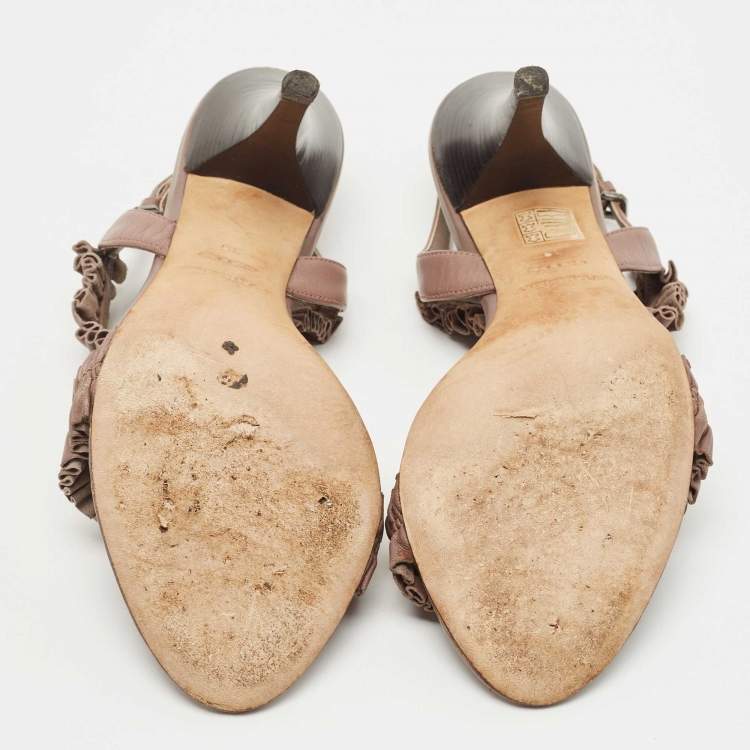 Pre Owned Burberry Brown Leather Ruffle Ankle Strap Sandals Size 39
