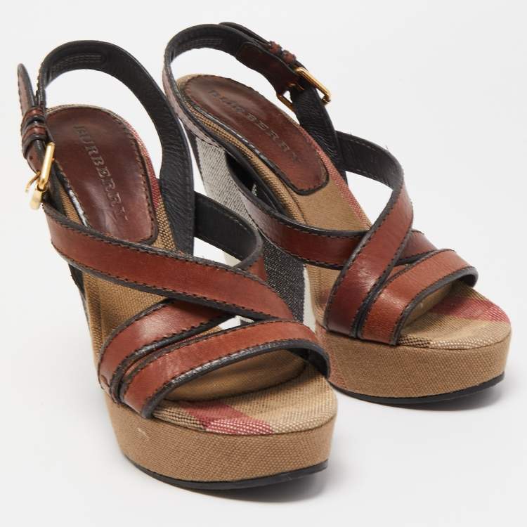 Pre Owned Burberry Brown Canvas and Leather Wedge Sandals Size 38